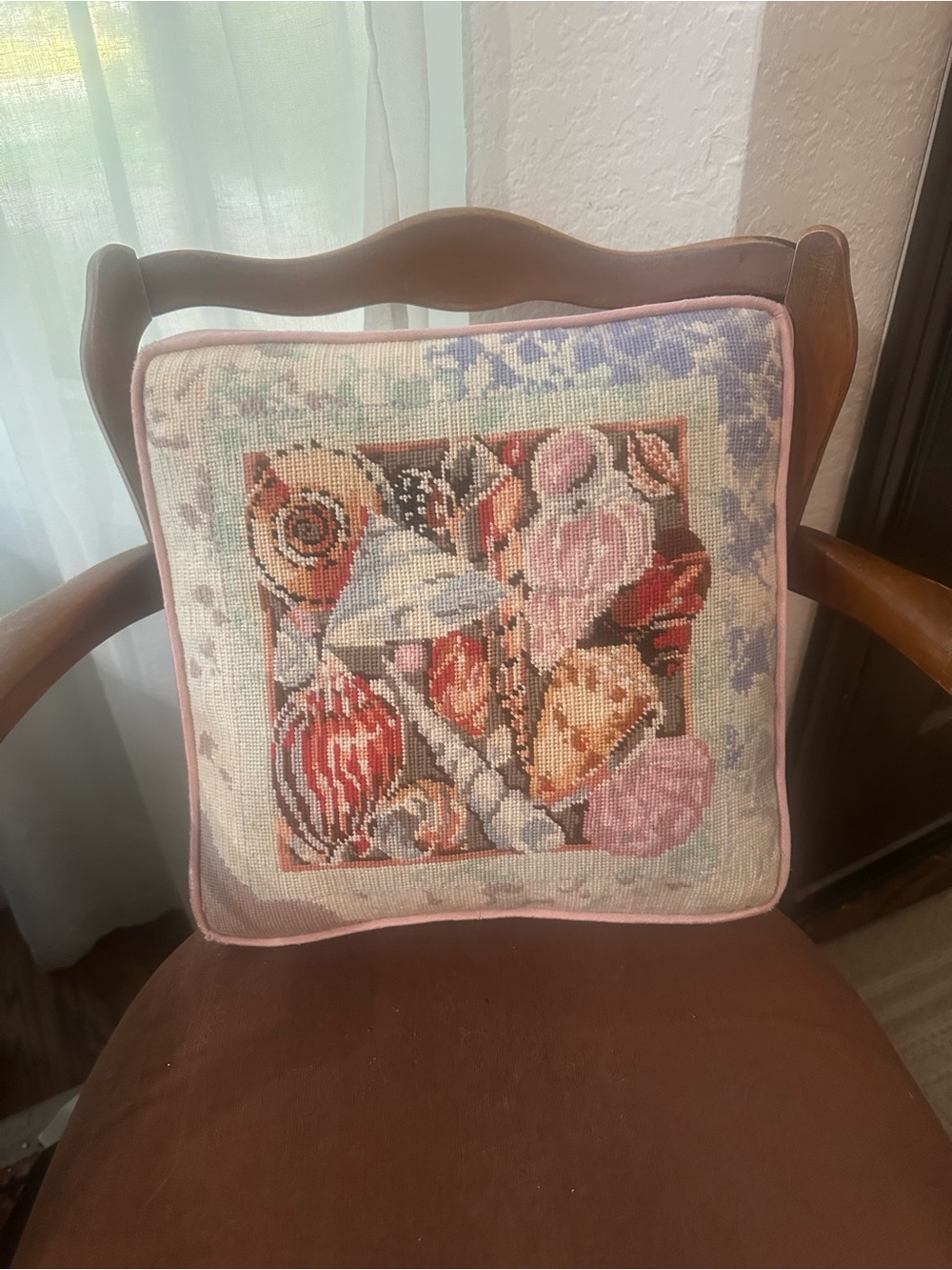 Needlepoint Seashell Pillow - Pastel Pink & Lavender - Picture 4 of 11
